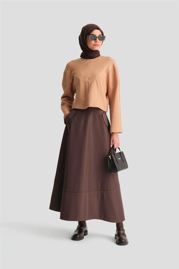 Armine Örme Çizgi Efektli Bluz 24K3616 Camel
