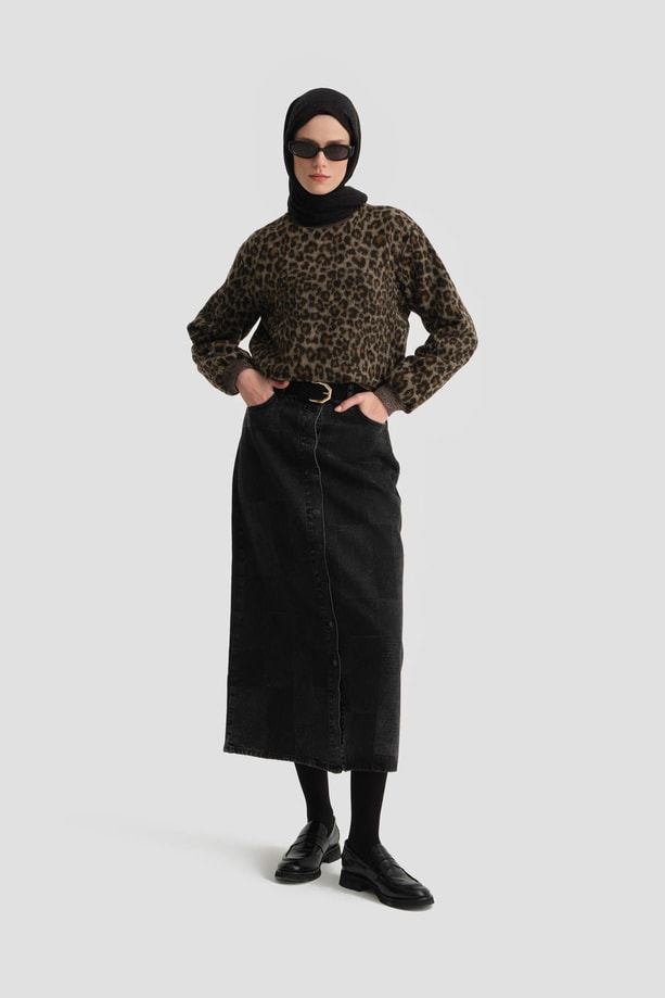 Armine Leopar Desen Örmek Kazak 24K3636 Kahverengi