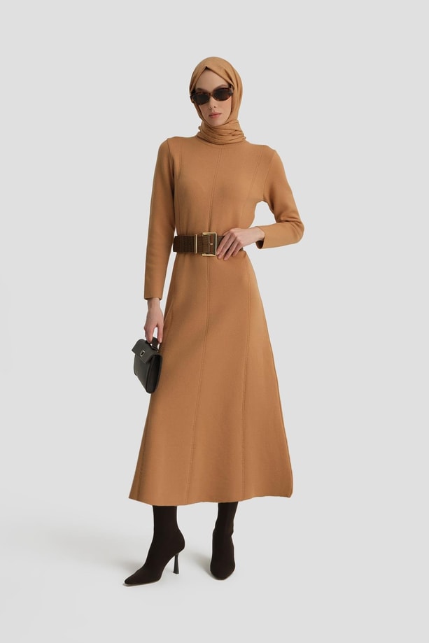 Armine Uzun Kol Triko Elbise 24KD4217 Bisküvi