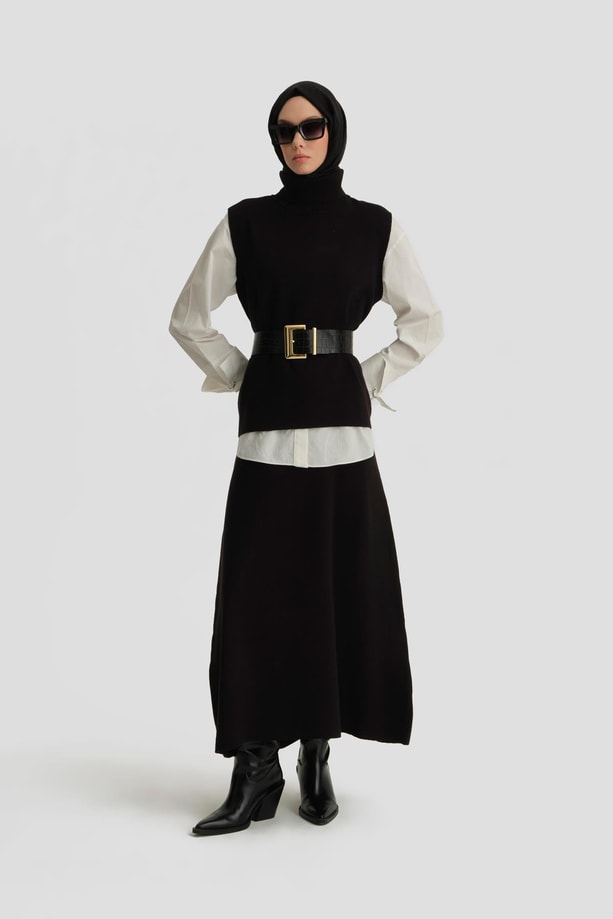 Armine Sıfır Kol Kazak Etekli Takım 24KD4220 Siyah