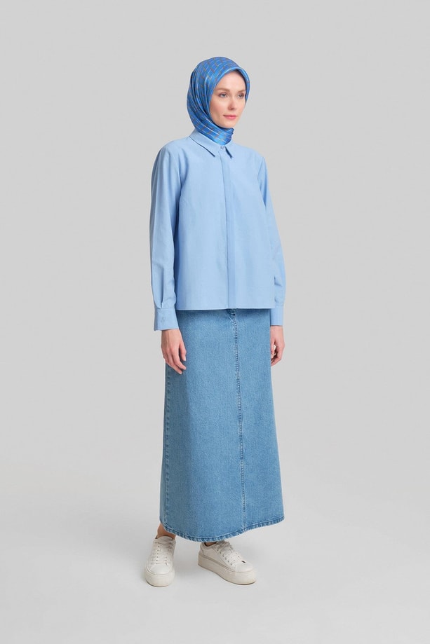 Armine Manşeti Logolu Basic Gömlek 24Y3522 Gri Mavi