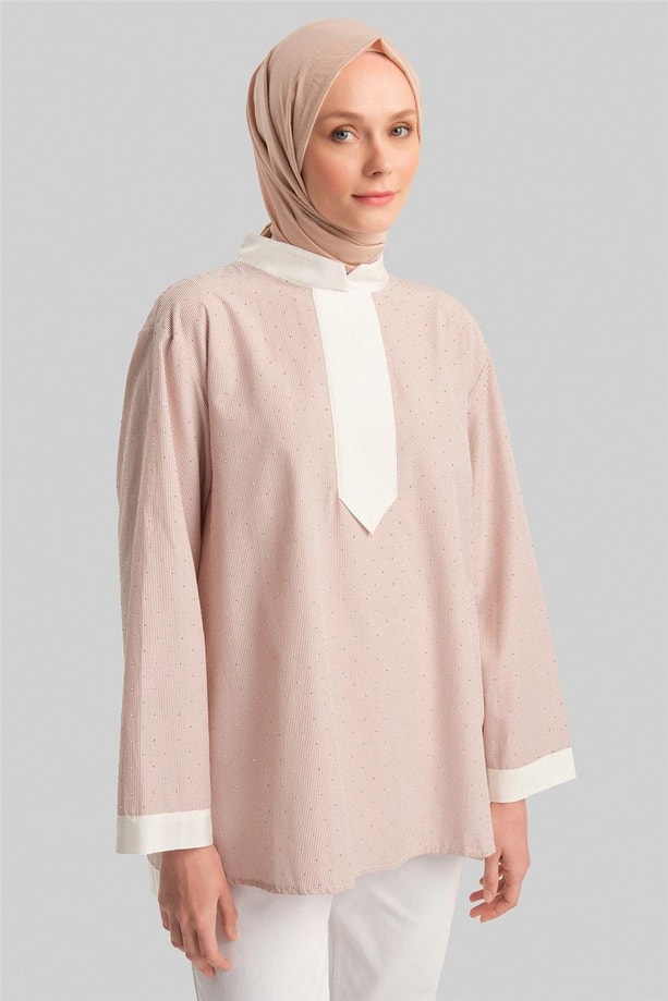 Armine Grogrenli ve Taşlı Çizgili Gömlek24Y3556 Camel