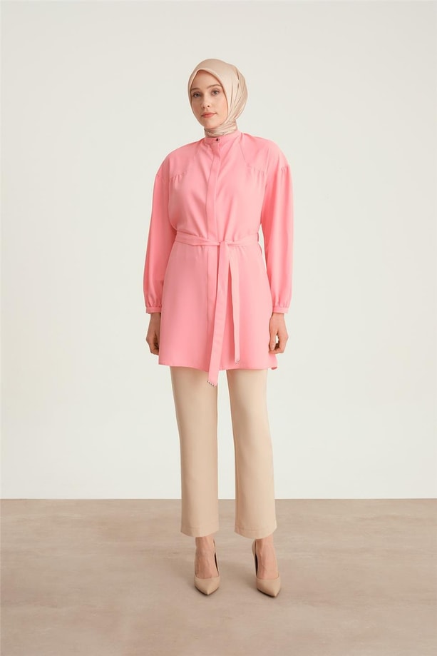 Armine Üçgen Robalı Kuşaklı Tunik 24Y4007 Şeker Pembe