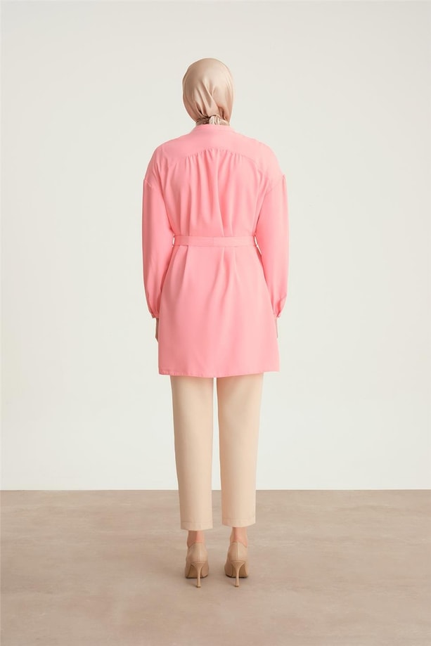 Armine Üçgen Robalı Kuşaklı Tunik 24Y4007 Şeker Pembe
