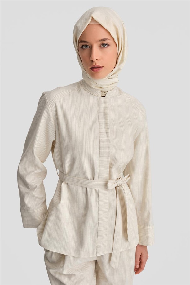 Armine Kalın Çizgili Pamuk Takım 24K6853 Açık Bej