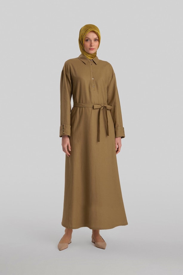 Armine Kalın Manşetli Keten Elbise 24Y9830 Zeytin