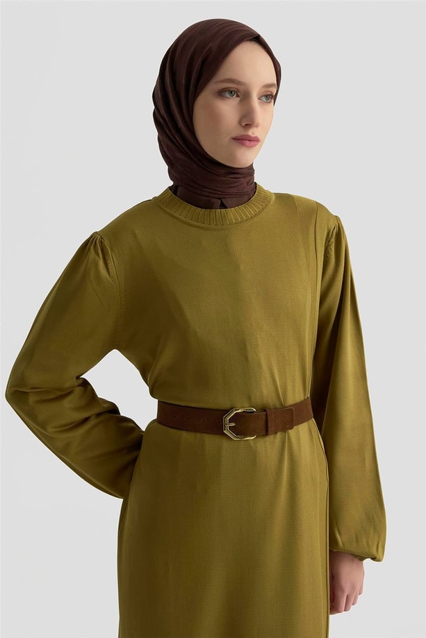 Armine Basic Triko Elbise 25KTD956 Yağ Yeşili