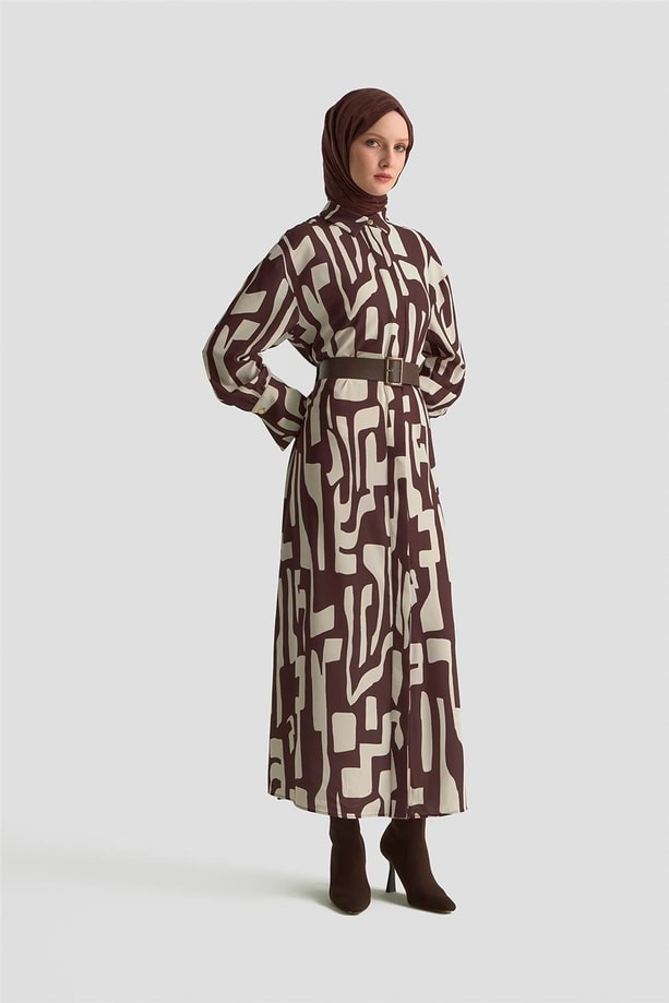 Armine Soyut Desenli Elbise 25KD1013 Vizon