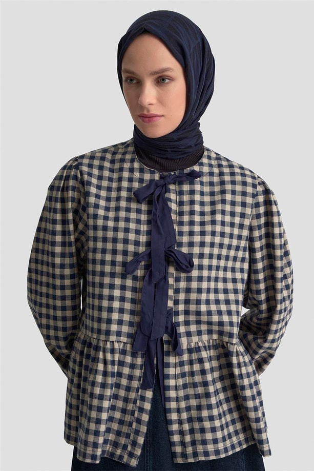 Armine Bağlamalı Karpuz Kol Ekose Tunik 25KM1025 Lacivert