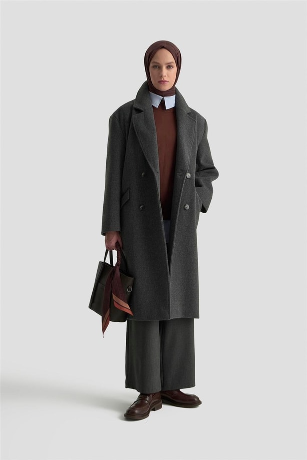 Armine Kruvaze Yaka Kaşe Kaban 25KD1122 Antrasit
