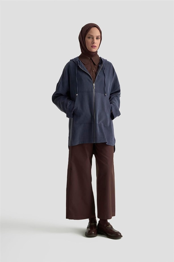 Armine Fermuar Detaylı Kapüşonlu Kap 25KD1125 İndigo