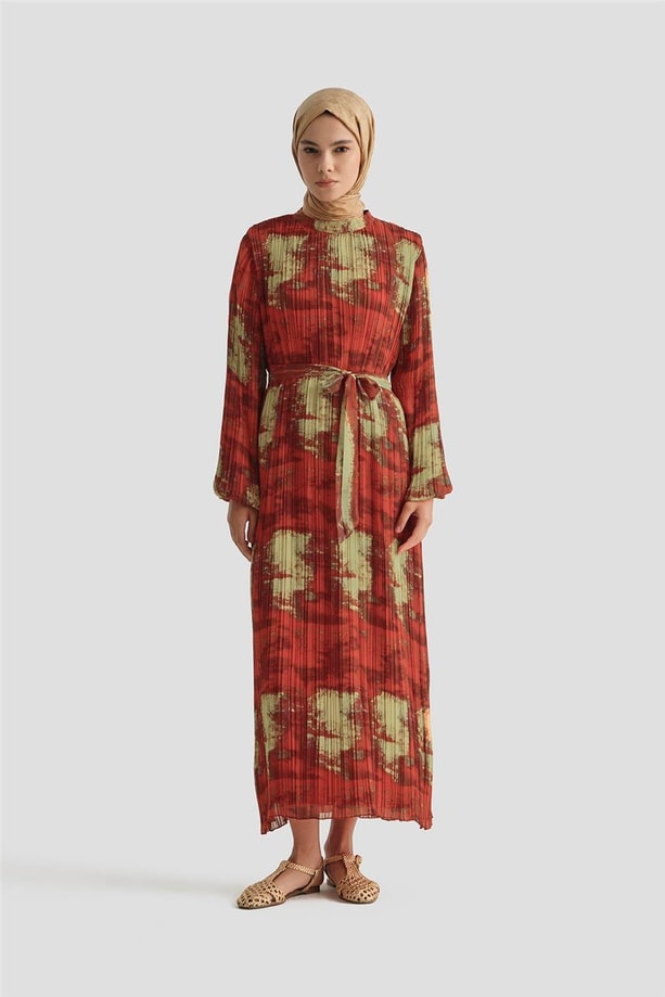 Armine Desenli Elbise 25YD4015 Kırmızı