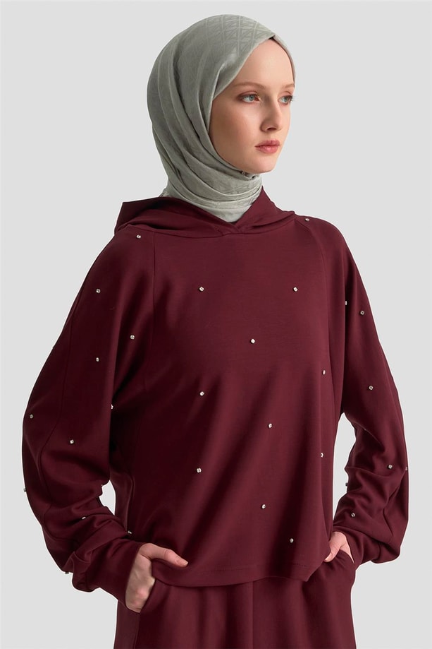 Armine Taşlı Kapüşonlu Sweat 25KD4031 Mürdüm