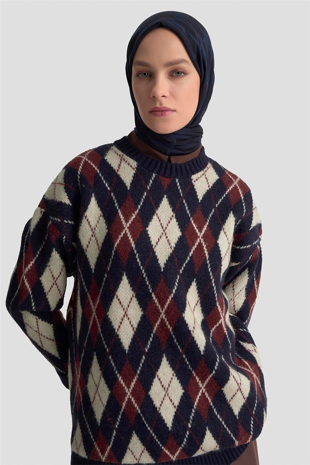 Armine Baklava Desenli Kazak 25KD6004 Lacivert