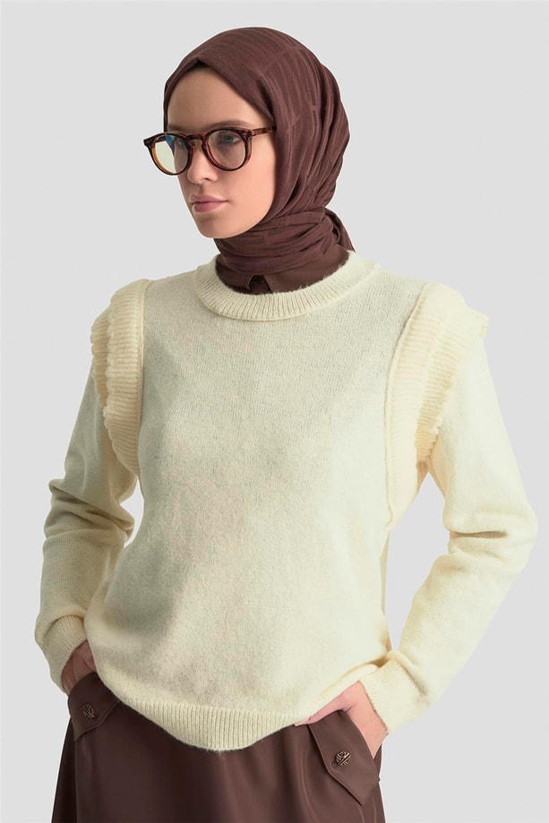 Armine Kolları Fırfırlı Kazak 25KD6012 Ekru