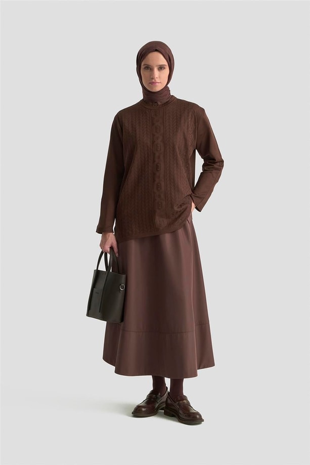 Armine Örgü Desenli Kazak 25KD7004 Kahverengi