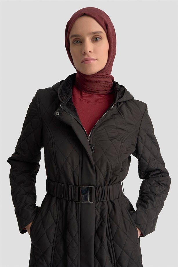 Armine Kemerli Kapitone Kaban 25KT706 Siyah