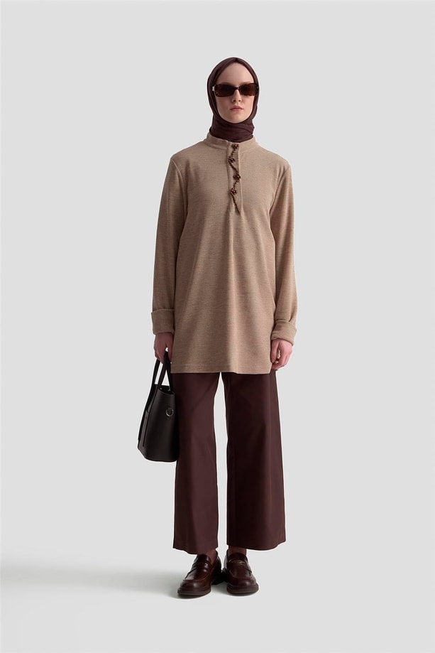 Armine Boncuk İşlemeli Örme Tunik 25KD9021 Bej