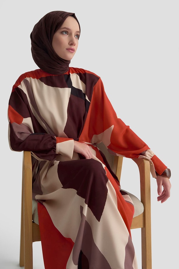 Armine Çapraz Bağlamalı Desenli Elbise 25K9101 Kiremit