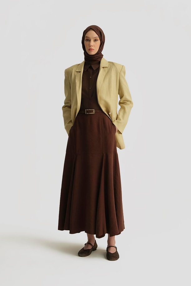 Armine Kuplu Kloş Etek 25Y1814 Açık Kahve