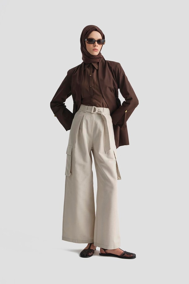 Armine Kargo Cepli Keten Pantolon 25Y2823 Taş