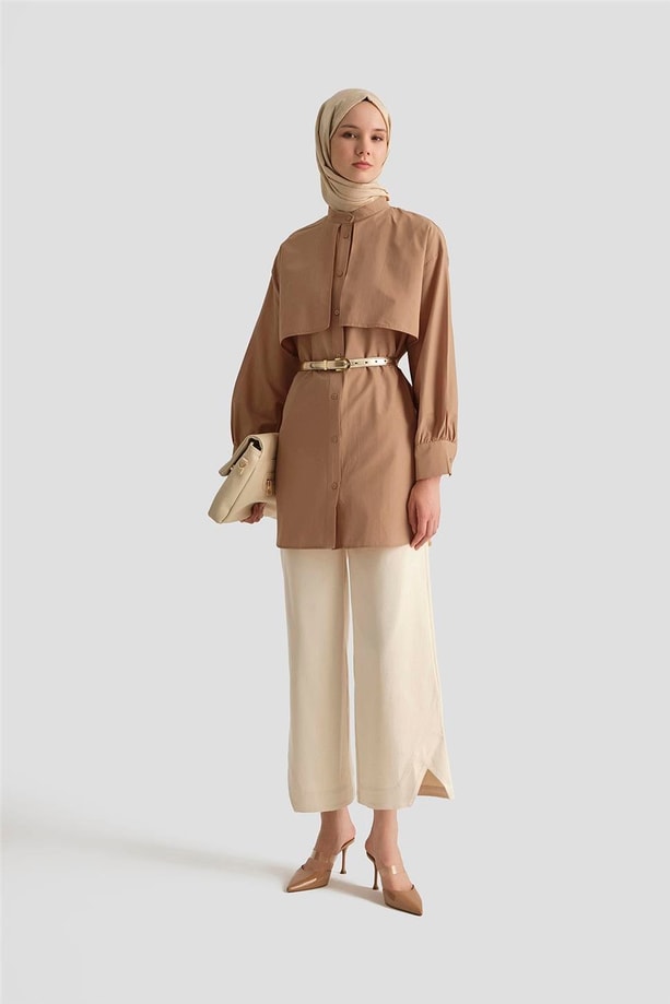 Armine Pelerin Detaylı Poplin Gömlek 25YH3442 Camel