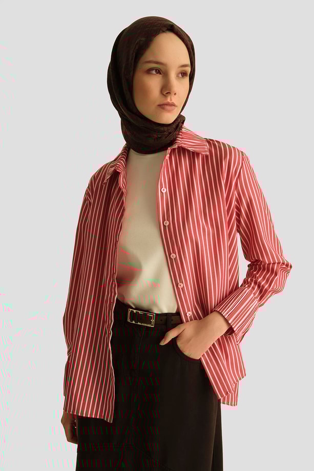 Armine Çizgili Gömlek 25YD3729 Kırmızı