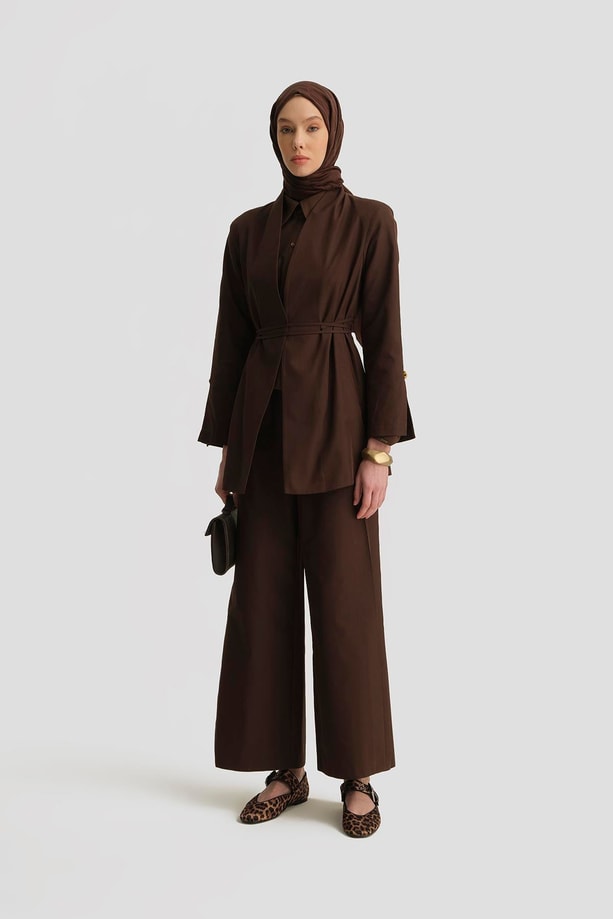 Armine Beli Bağlamalı Blazer Takım 25Y6007 Kahverengi