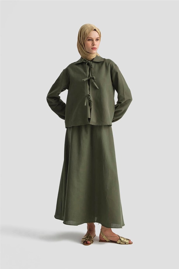 Armine Fiyonk detaylı 3'lü Keten Takım 25Y6049 Haki