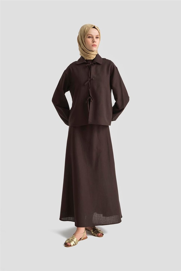 Armine Fiyonk detaylı 3'lü Keten Takım 25Y6049 Kakao