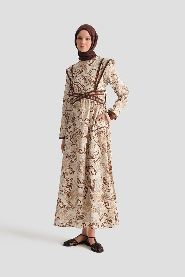 Armine Çoban Dikişli Keten Desenli Elbise 25Y9008 Kahverengi