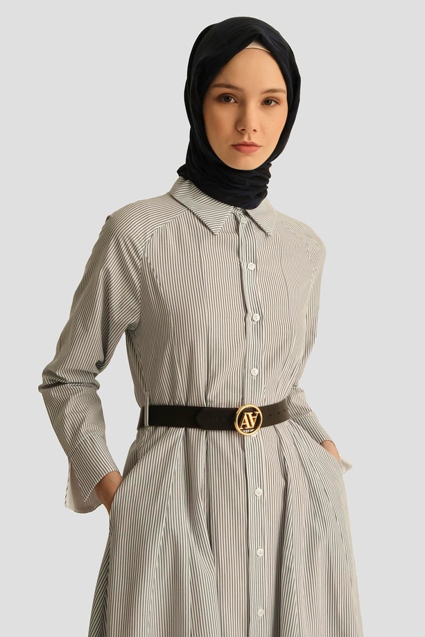Armine Belden Açılan Çizgili Elbise 25Y9026 Beyaz