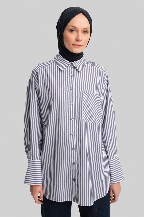 Armine Kalın Çizgili Gömlek 23K3440-1 Lacivert