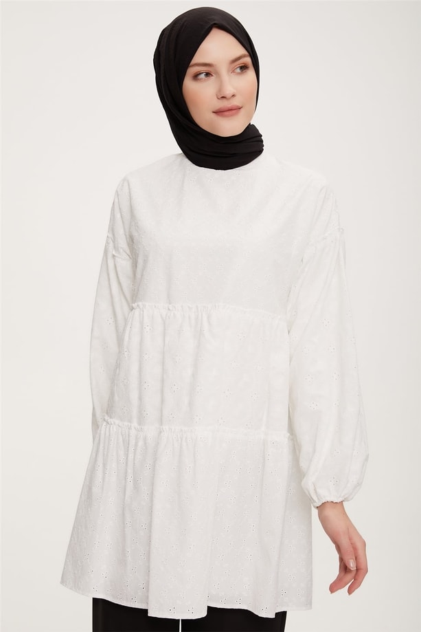 Armine Katlı Brode Tunik 22K4856 Ekru