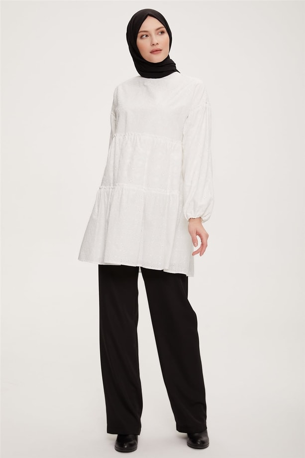 Armine Katlı Brode Tunik 22K4856 Ekru