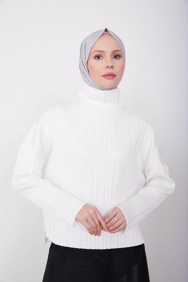 Armine Pliseli Örme Bluz 23K3216 Ekru