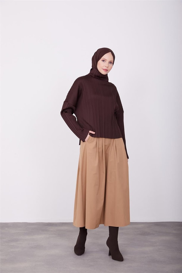 Armine Pliseli Örme Bluz 23K3216 Kahverengi