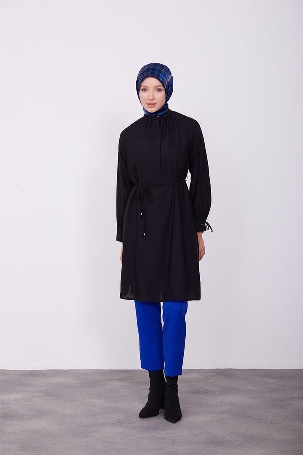 Manşeti bağcıklı tunik 23K4709 Siyah