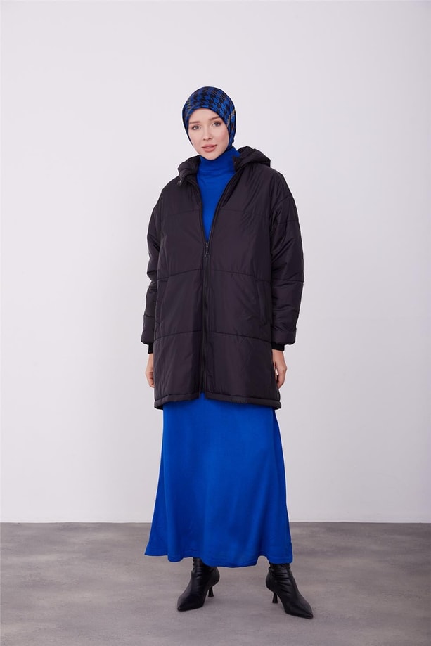 Armine parmak detaylı seyyar kapişonlu oversize kaban 23K7210 Siyah
