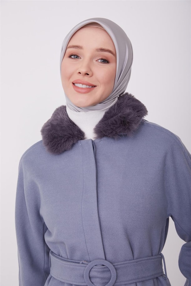 Armine seyyar kürklü fit manto 23K8603 Sisli Mavi
