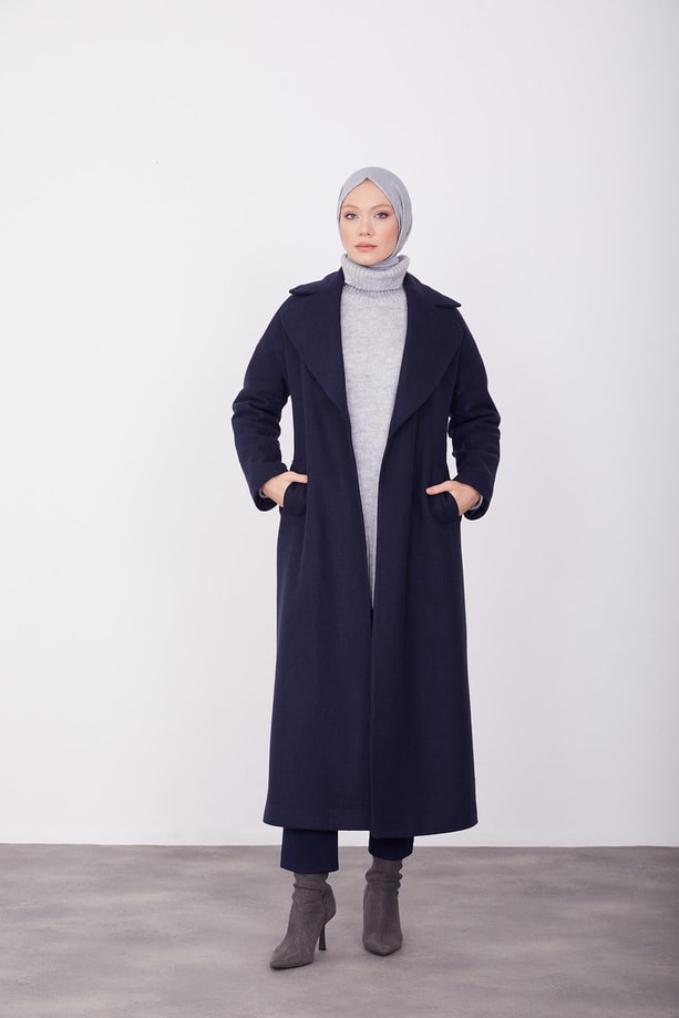 Önü bağlamalı diagonel dokulu manto 23K8611 Lacivert