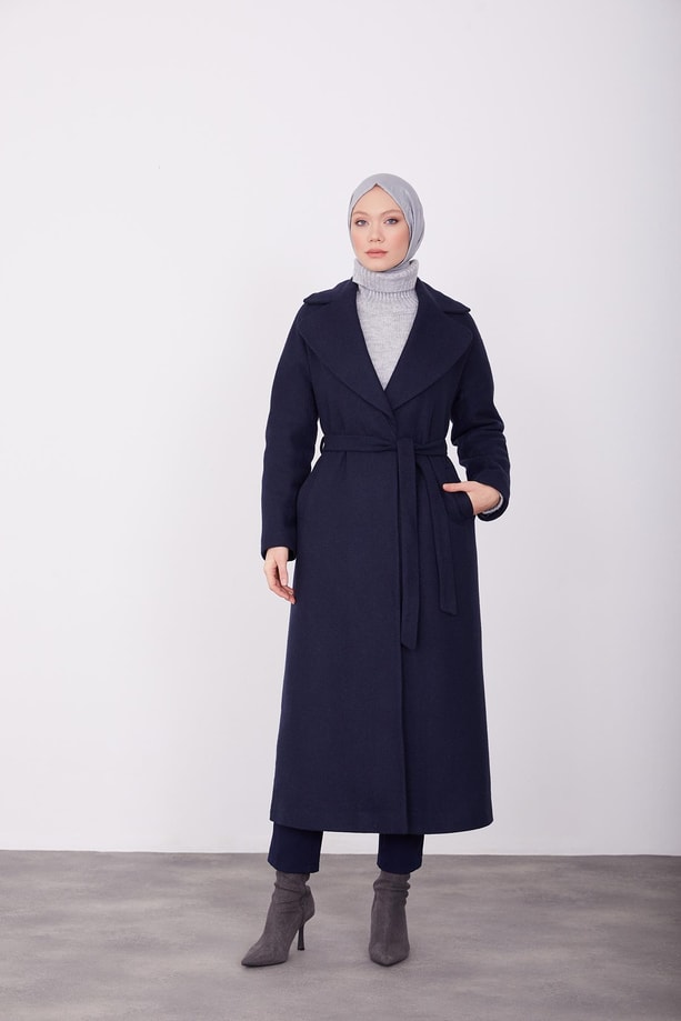Önü bağlamalı diagonel dokulu manto 23K8611 Lacivert