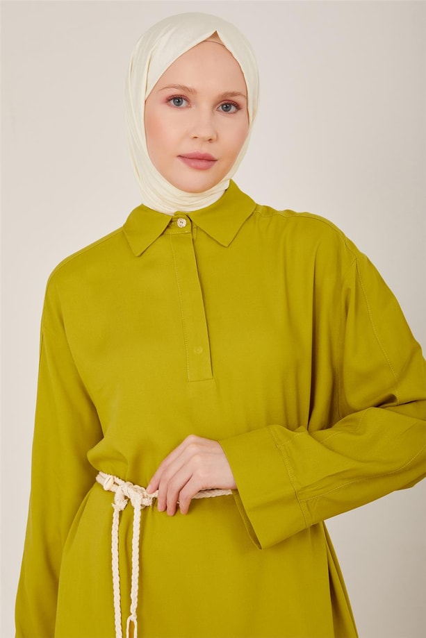 Armine Deniz Kabuğu Detaylı Viskon Tunik Elbise 23Y4504 Fıstık