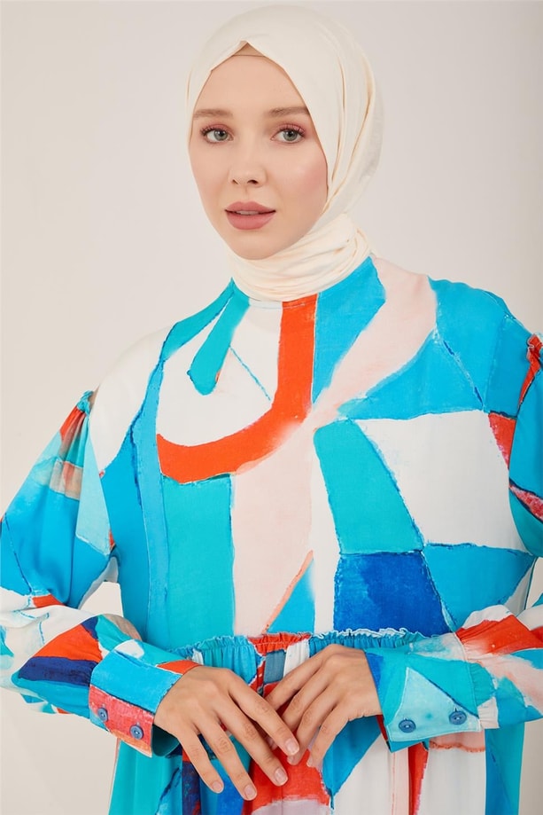 Armine Naturel Geometrik Desenli Elbise 23Y9648 Mavi