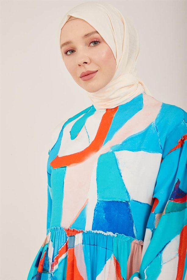 Armine Naturel Geometrik Desenli Elbise 23Y9648 Mavi