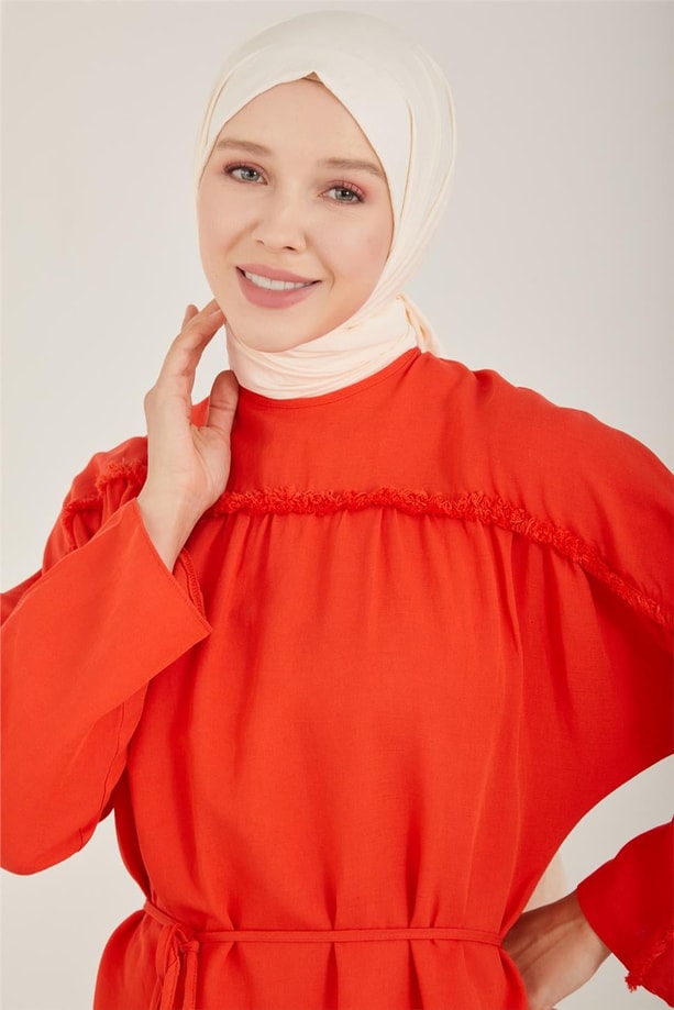 Armine Püsküllü Ve Astarlı Keten Elbise 23Y9652 Kırmızı