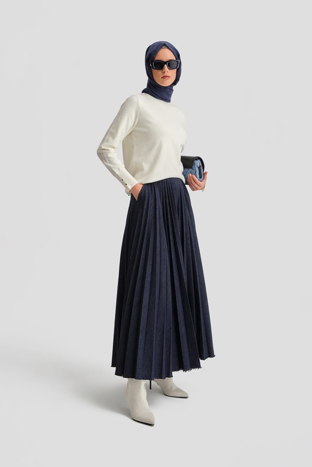 Armine Denim Pliseli Etek 24K1703 Lacivert