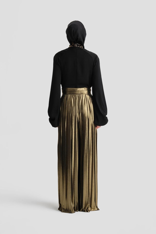 Armine Parıltılı Kumaştan Piliseli Pantolon 24Y2701 Gold
