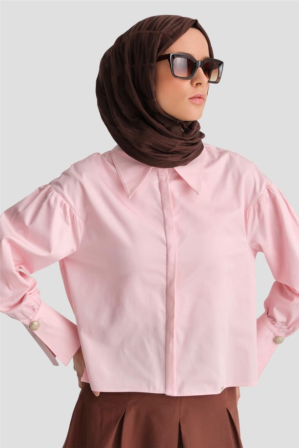 Armine Sivri Yakalı Floş Keten Gömlek 24K3602 Pembe
