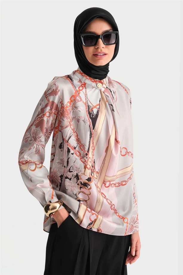 Armine Yakası Dökümlü Desenli Bluz 24K3617 Vizon